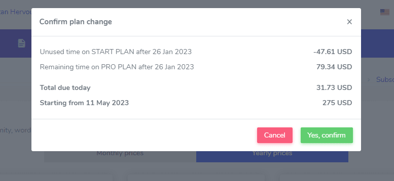 A pop-up window showing plan change costs. Confirm or cancel