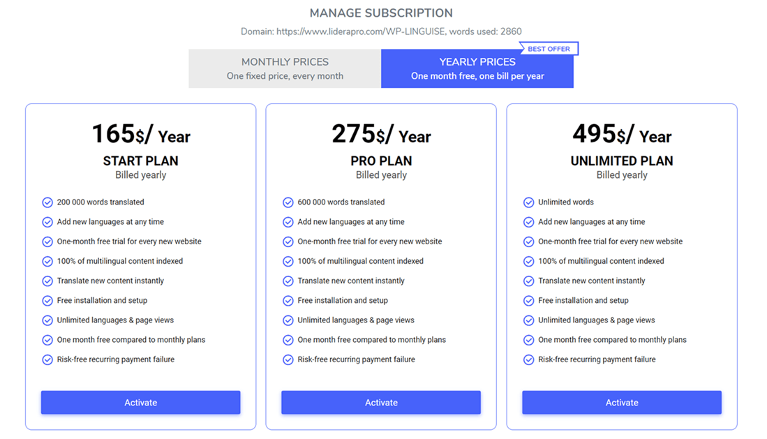 Three pricing plans with features and yearly costs