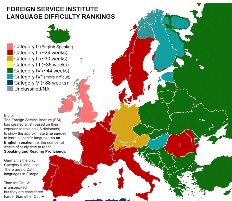 A map of Europe showing language difficulty rankings. Grey shades indicate different levels of difficulty.
