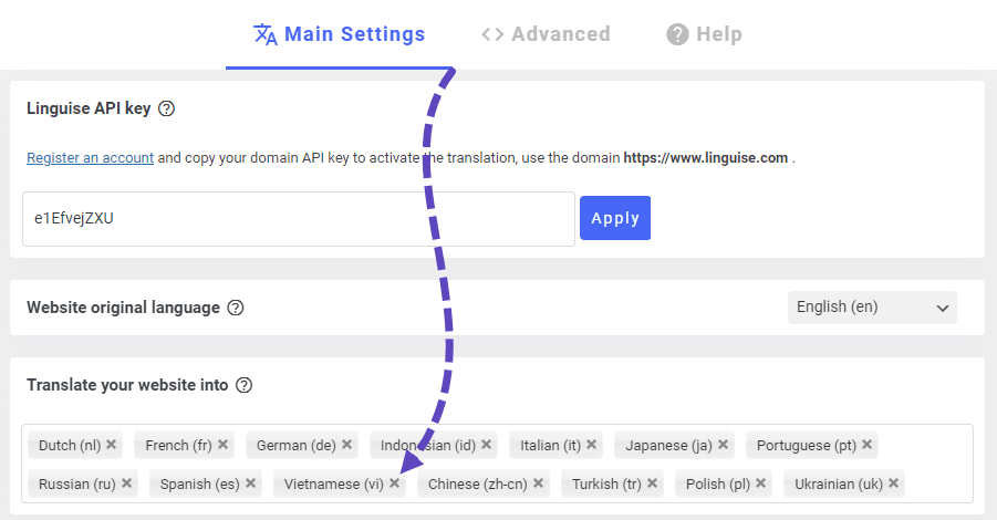 A screenshot of a website translation settings interface. The page allows users to configure translation options.
