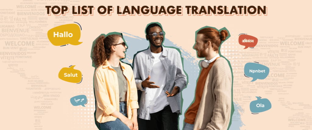 Um homem e duas mulheres comunicando-se em diferentes idiomas. Eles estão cercados por balões de fala com texto estrangeiro.