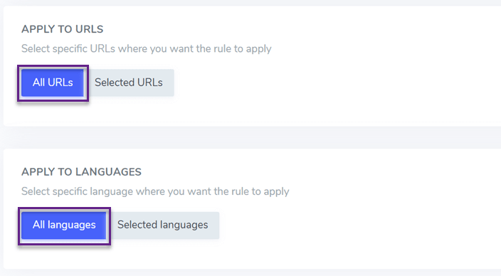 Select URLs and languages to apply settings