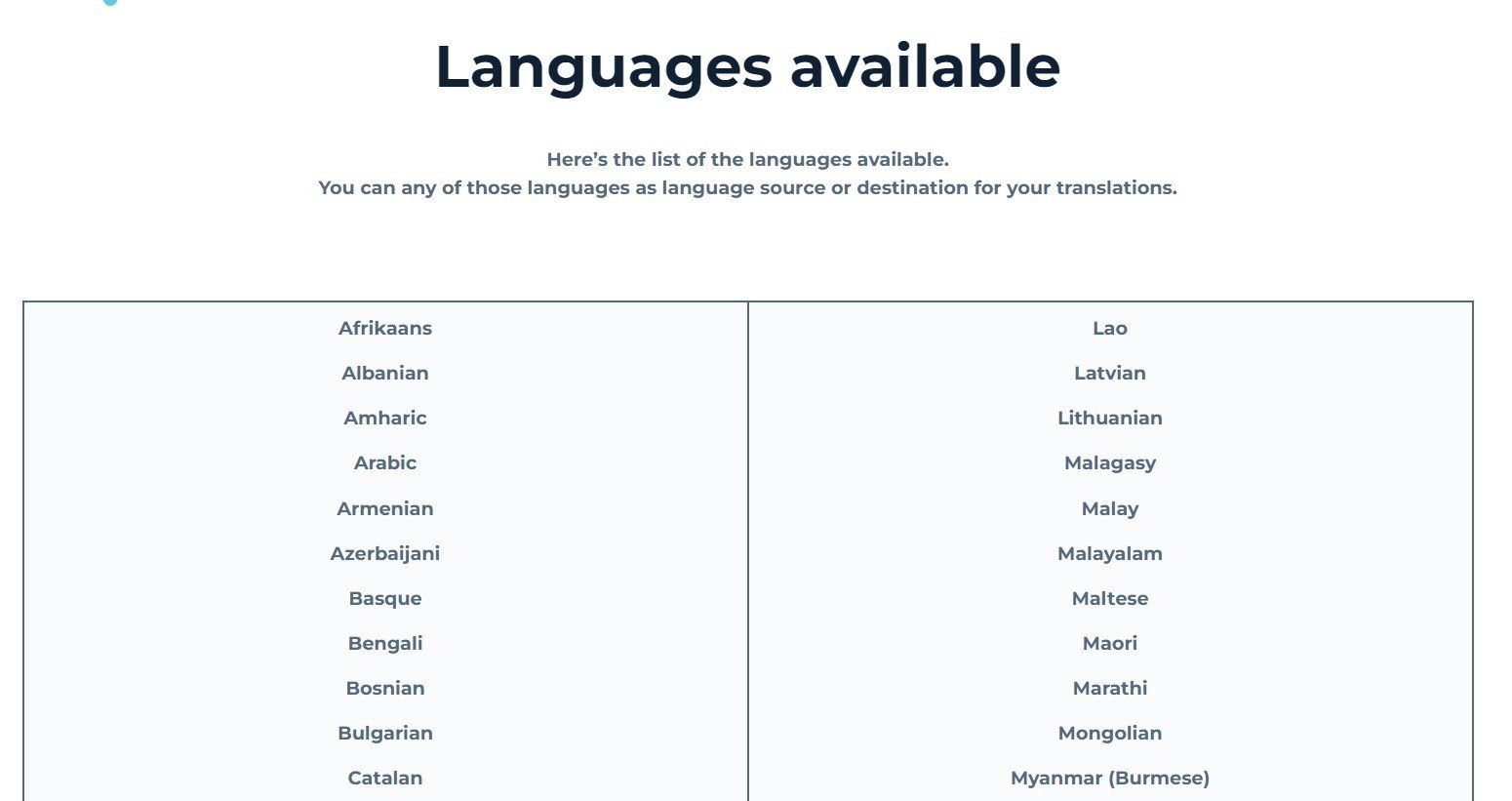 Table of languages available for translation. Two columns listing multiple languages.