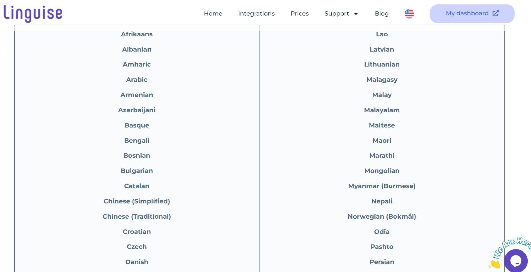A screenshot of a webpage showing a list of languages on Linguiase. The list appears to be organized alphabetically.