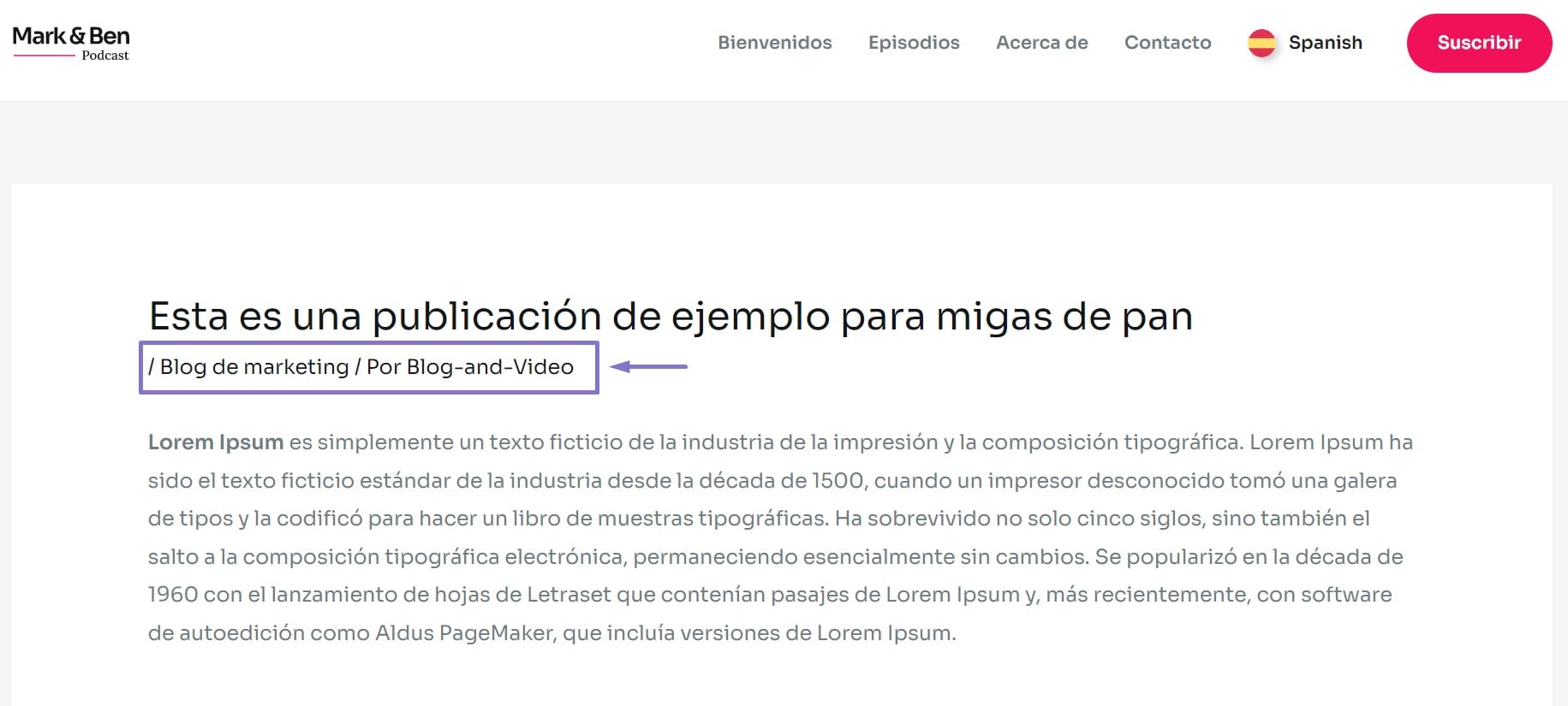 Uma página da web com um exemplo de navegação em trilha
