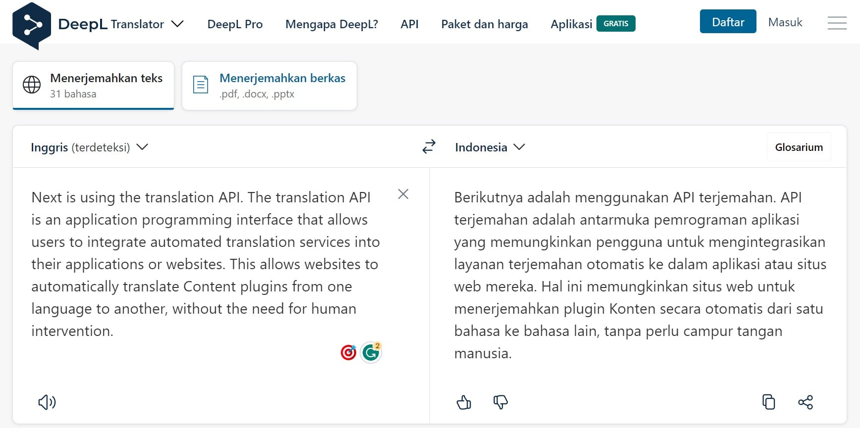 Captura de tela da interface da API do DeepL Translator