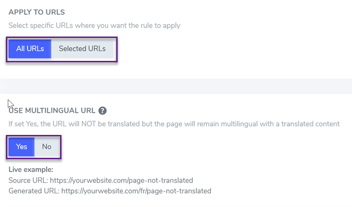 Apply to URLs options screen