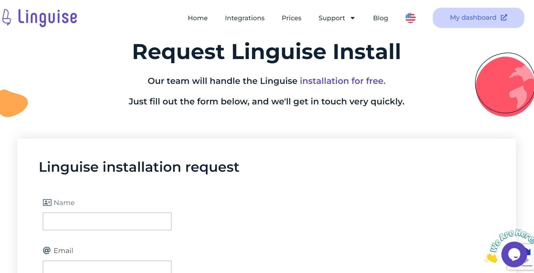 Linguse installation request form with text boxes