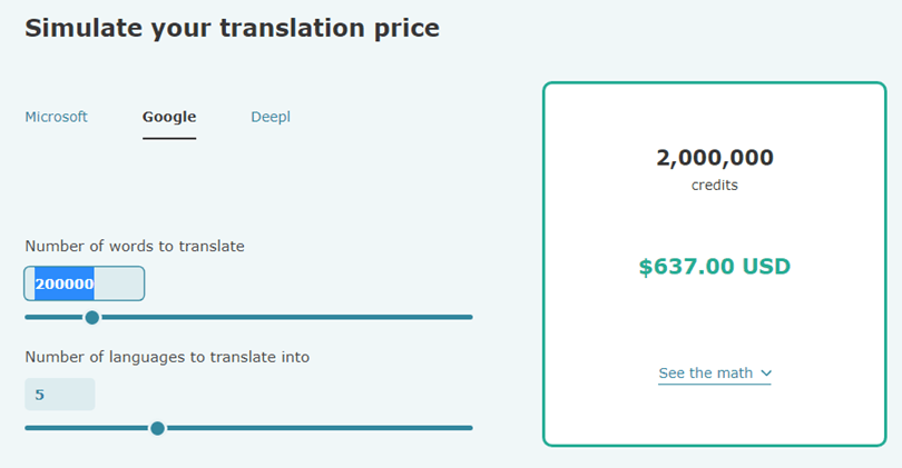 Screenshot of translation price simulation tool
