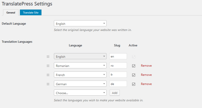 TranslatePress plugin settings page for website translation.