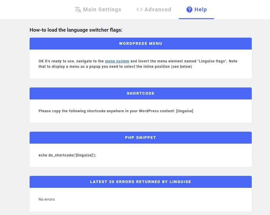 Screenshot of language switcher flags instructions. Instructions include steps for WordPress menu, shortcuts, PHP snippet, and latex code.