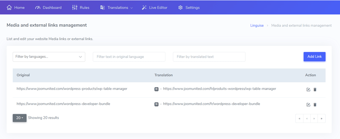 Media and files management settings screen.