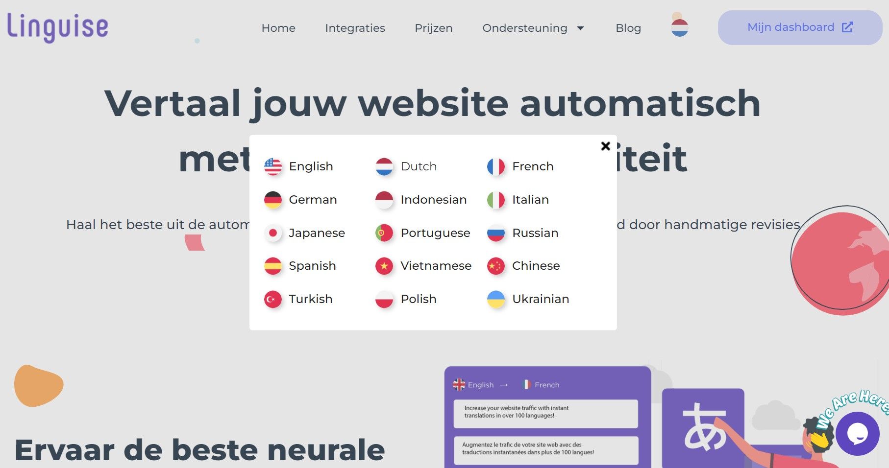 Linguise website homepage with various language options