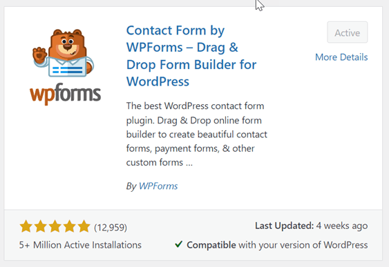 Logotipo da WPForms e informações do plugin construtor de formulários de contato