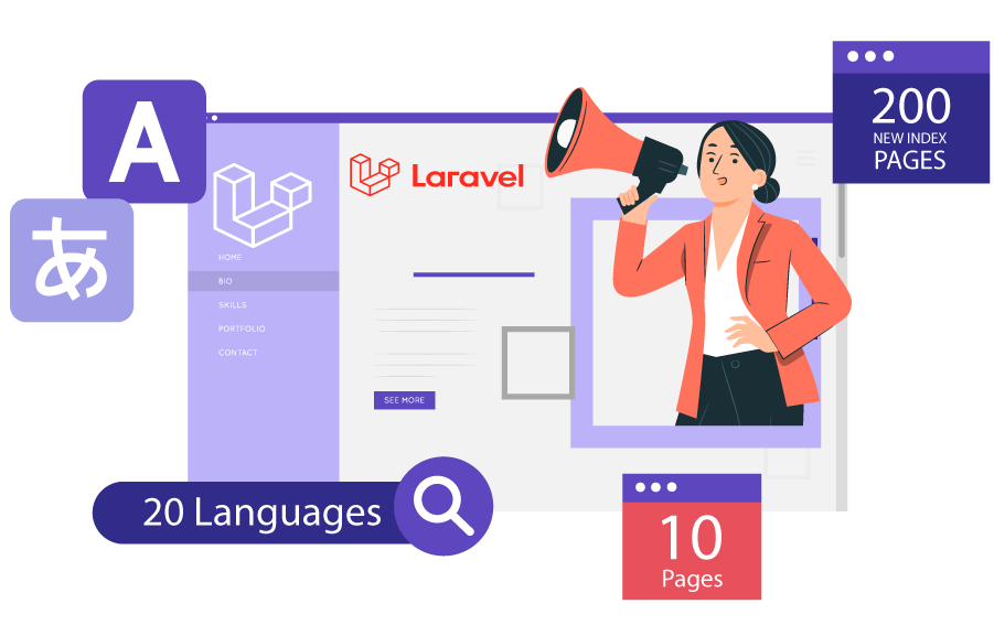 A woman holding a megaphone next to a website with Laravel, 20 languages and 200 new index pages.