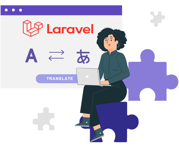 A person working on a laptop with Laravel translation on screen.