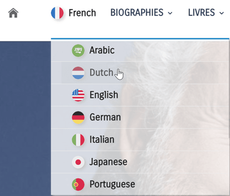 A menu with various language options including Arabic, Dutch, English, German, Italian, Japanese, and Portuguese.
