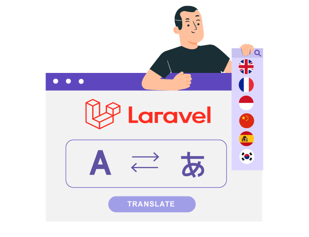 A man standing behind a computer screen with Laravel logo and translation symbols