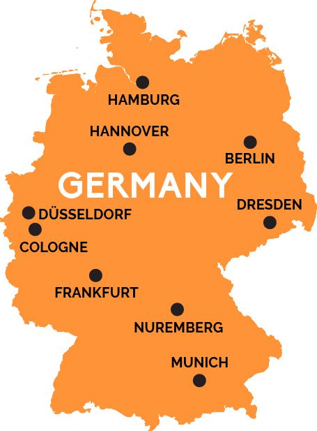 A map of Germany showing major cities. The map is orange with black dots indicating city locations.
