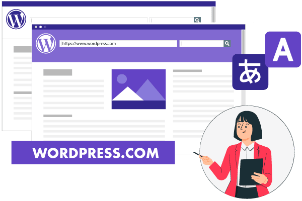 A line drawing of a woman pointing at a tablet next to a WordPress webpage mockup.