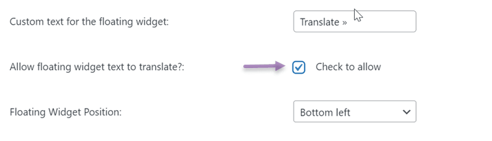 Settings menu for widget configuration
