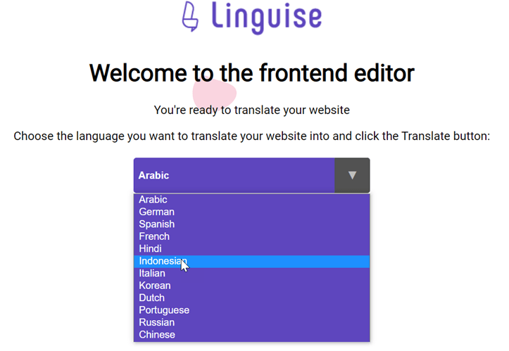 Interface Lingulics com menu suspenso de seleção de idioma