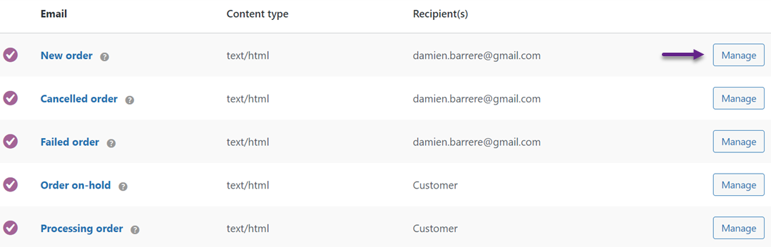 Email notification settings for different order statuses