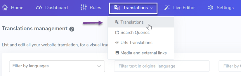 Screenshot of translations management interface. List view of translations.