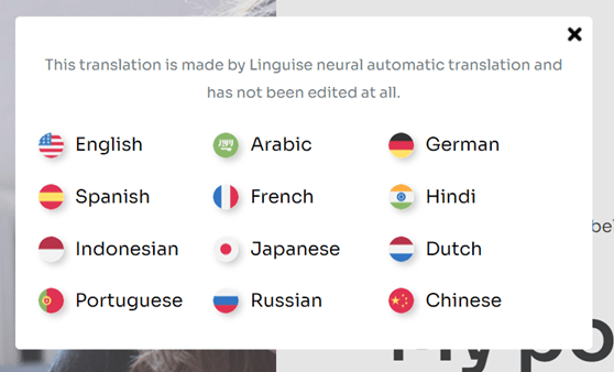 A list of languages to choose from including English, Spanish, and Chinese