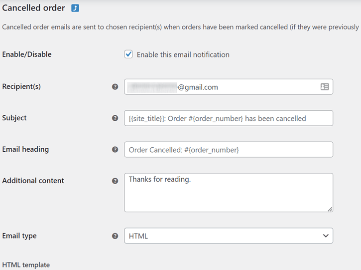 Email activation settings for canceled orders. Enable email activation.