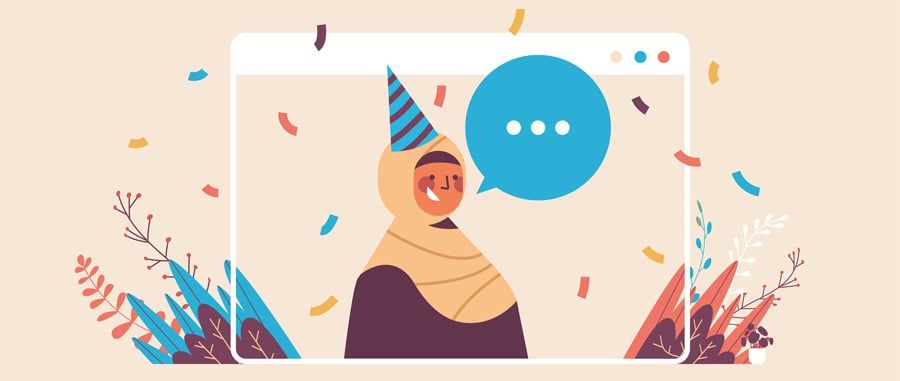 a woman wearing a party hat and smiling, participating in a video call. She appears to be celebrating something.