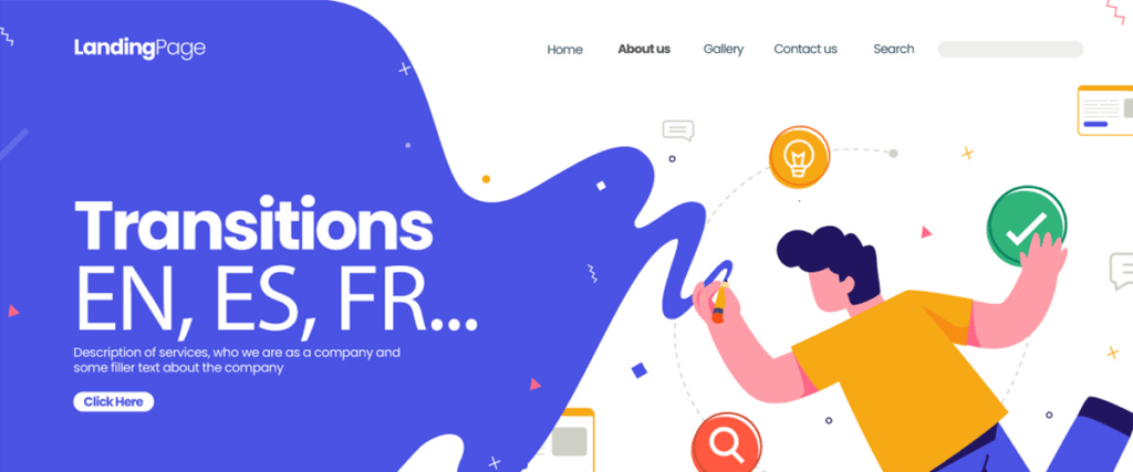 Transitions landing page with EN ES FR text. A futuristic illustration of a man with a smartphone.