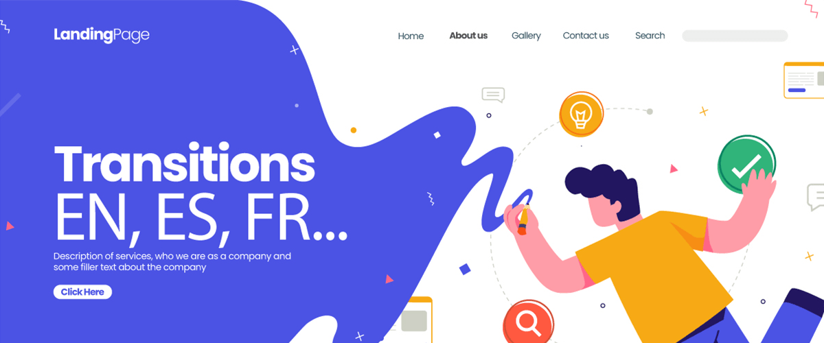 Transitions landing page with EN ES FR text. A futuristic illustration of a man with a smartphone.