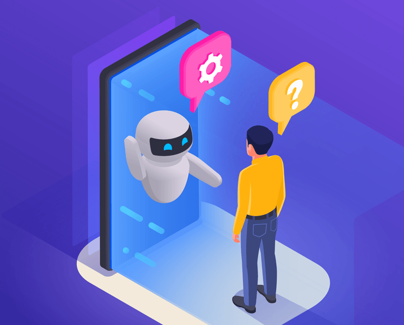 A man in a black shirt and pants is talking to a robot through a secure door panel. The robot and man are having a conversation.