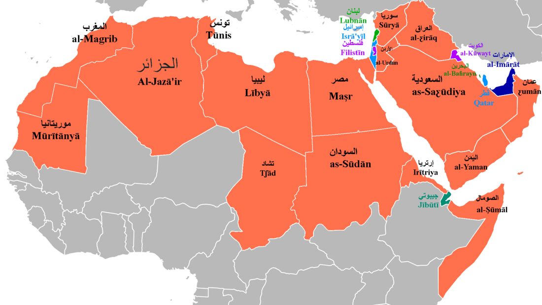 A dark gray map with white outlines of countries in Africa and the Middle East. Country names are labeled.