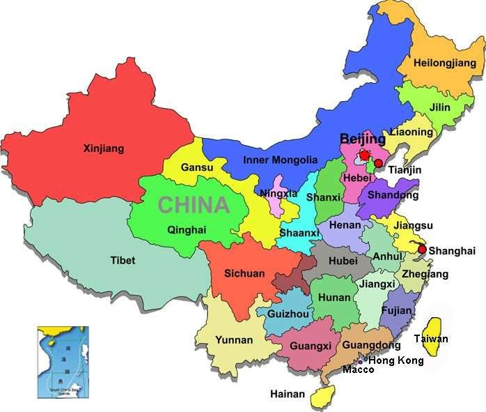 A colorful map of China showing provinces and regions. China provinces and regions illustrated.