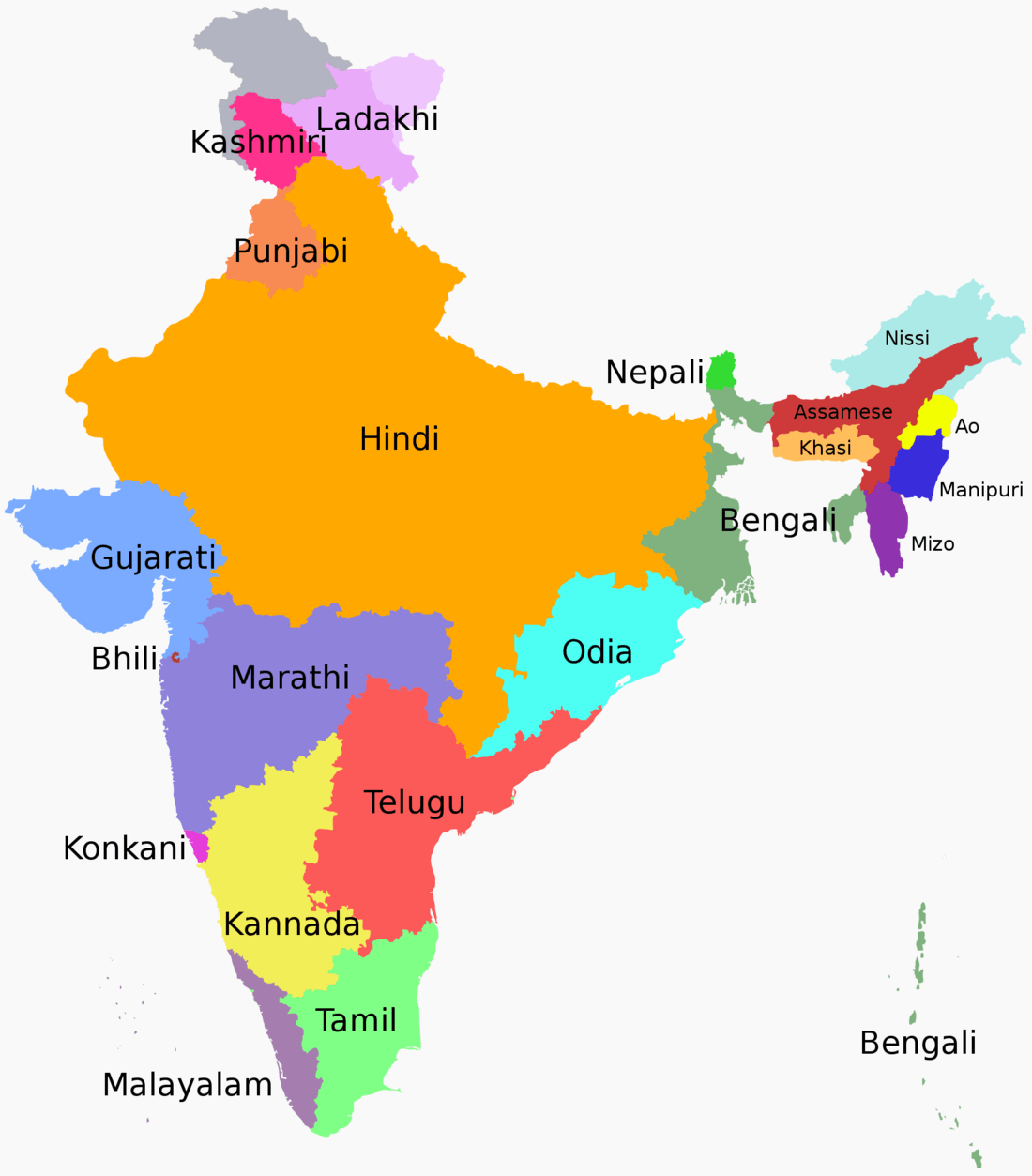 A map of India showing different language regions