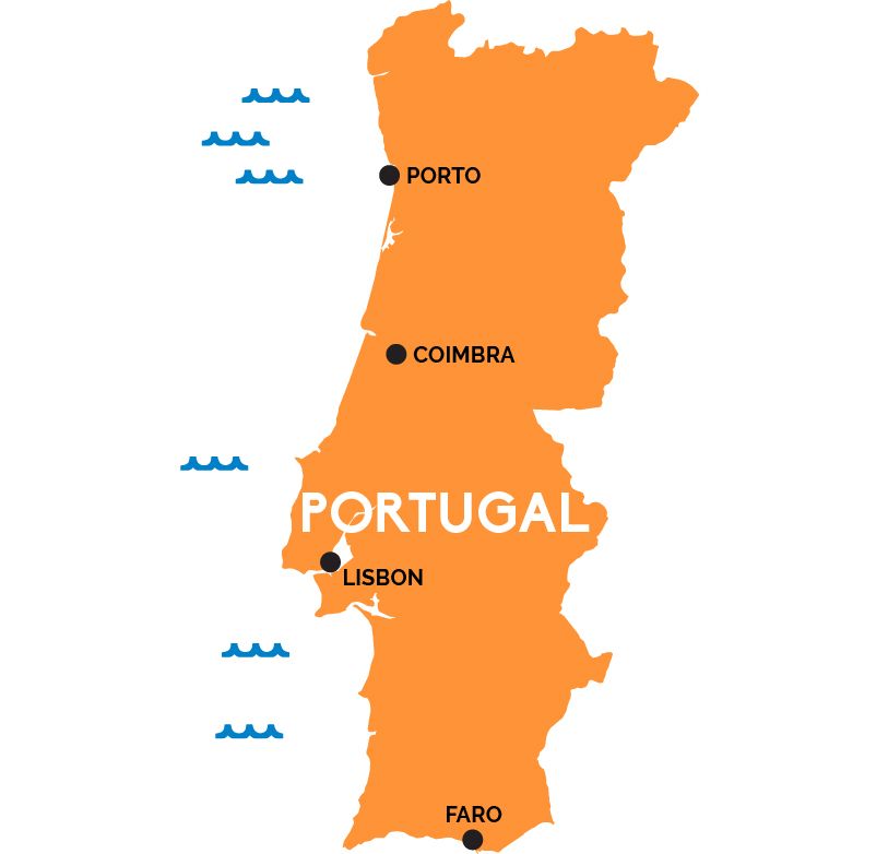 A map of Portugal showing major cities and coastline. The map highlights key locations.