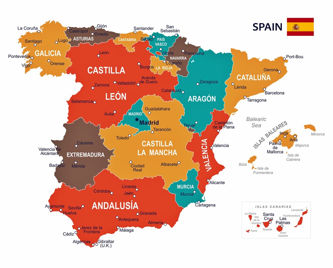 A colorful map of Spain showing regions and cities.