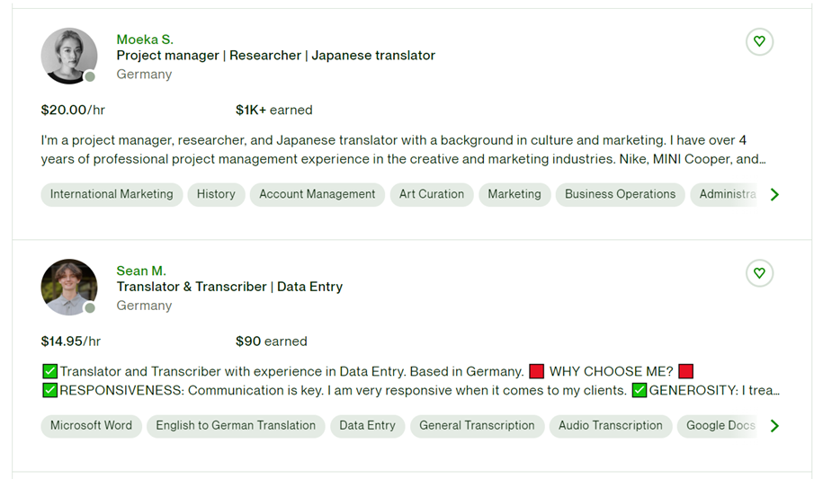 Freelance professionals for hire