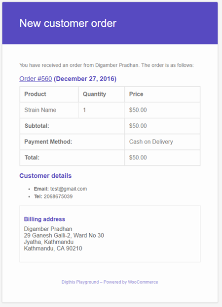 Order confirmation for Digamber Pradhan