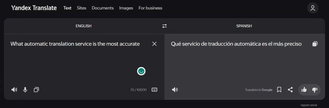 Screenshot of automatic translation service webpage. Comparison of translation services.