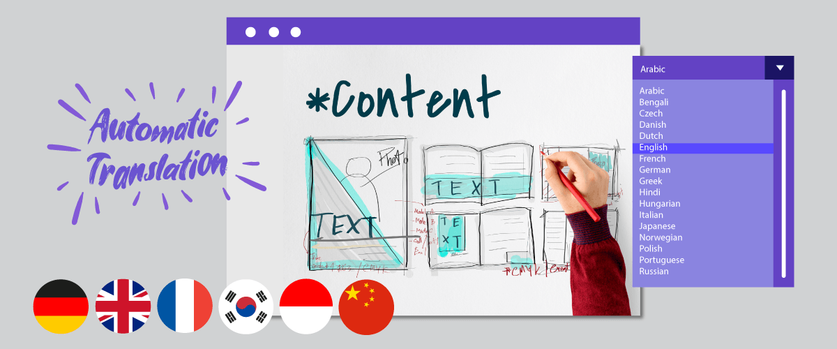 A sketch of web design elements including content blocks and layout tools.