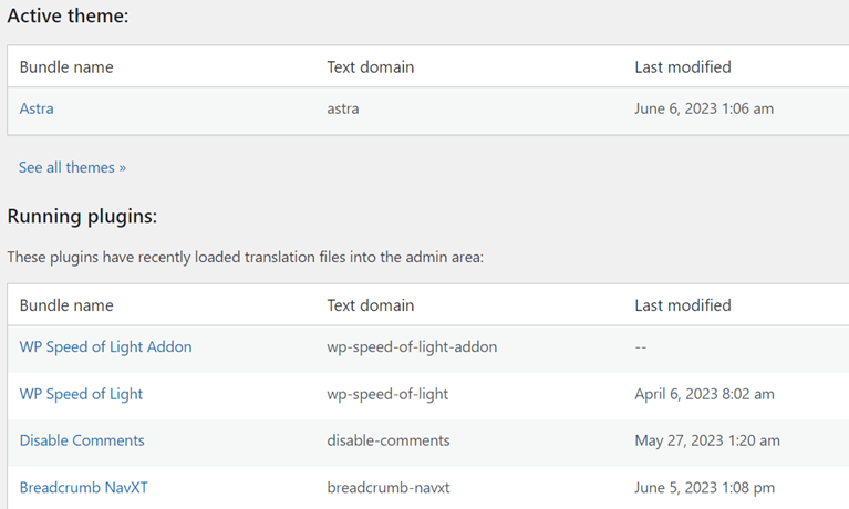 List of active theme and running plugins
