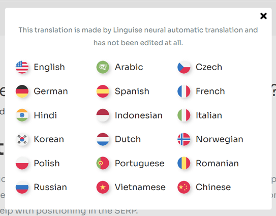List of languages supported for translation services. Includes English, Arabic, Czech, German, Spanish, French, Hindi, Indonesian, Italian, Korean, Dutch, Norwegian, Polish, Portuguese, Romanian, Russian, Vietnamese, Chinese.