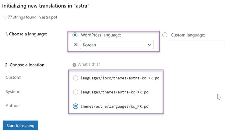 Translation setup for Korean language in Astra theme