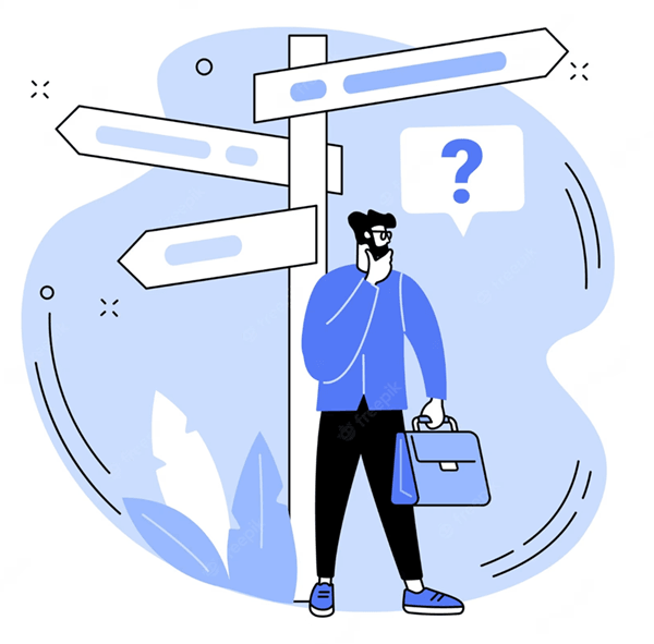 A man with a briefcase looking confused at signpost. He appears to be uncertain which direction to take.