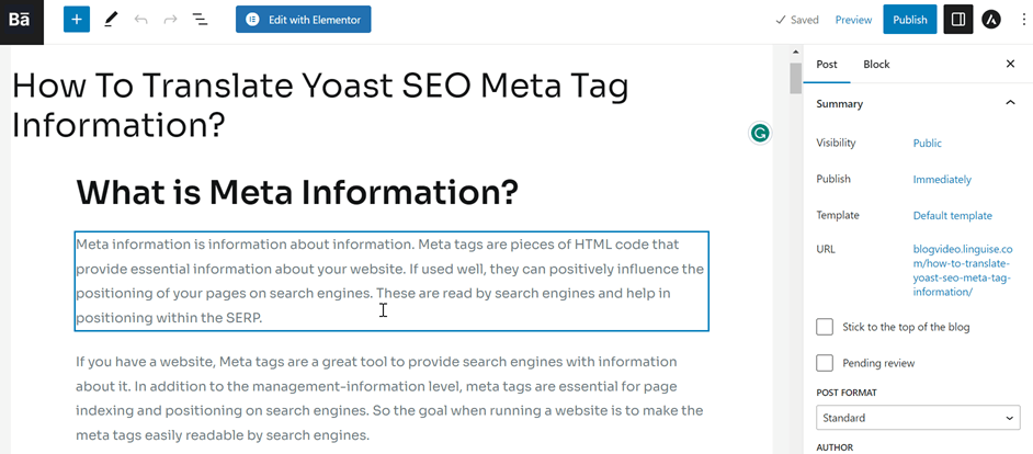Screenshot of Yoast SEO meta tag information translation