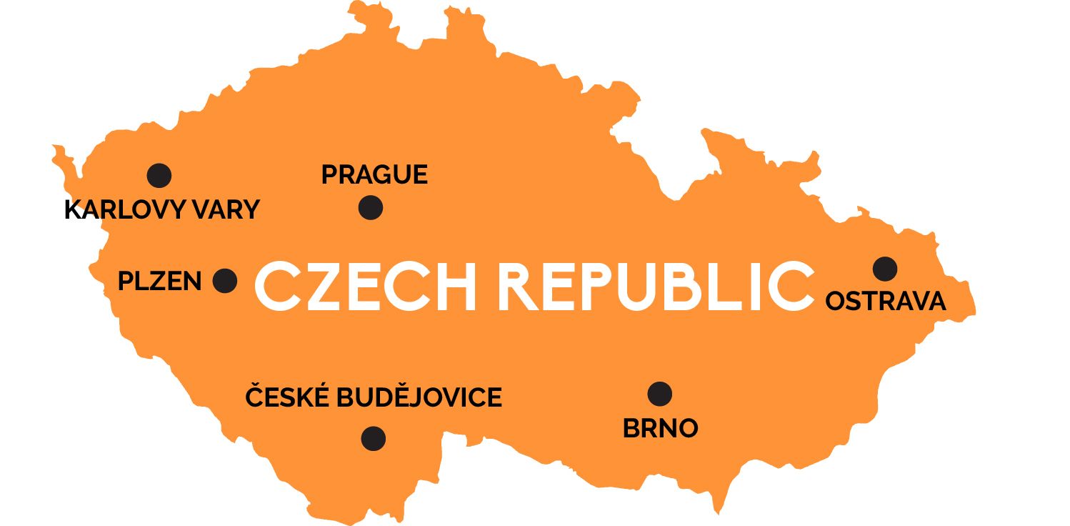 Map of Czech Republic with Prague, Ostrava, Brno, Plzen, Ceske Budejovice, Karlovy Vary.