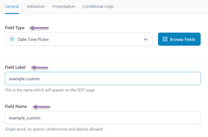 Screenshot of date time picker field settings. Field type and label options are visible.